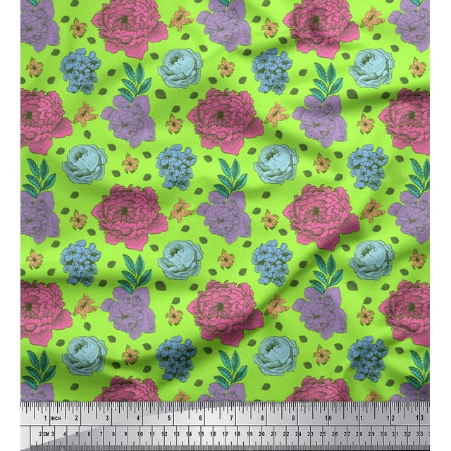 Soimoi Velvet Fabric Leaves,Periwinkle & Peony Floral Fabric Prints By Yard 58 Inch Wide