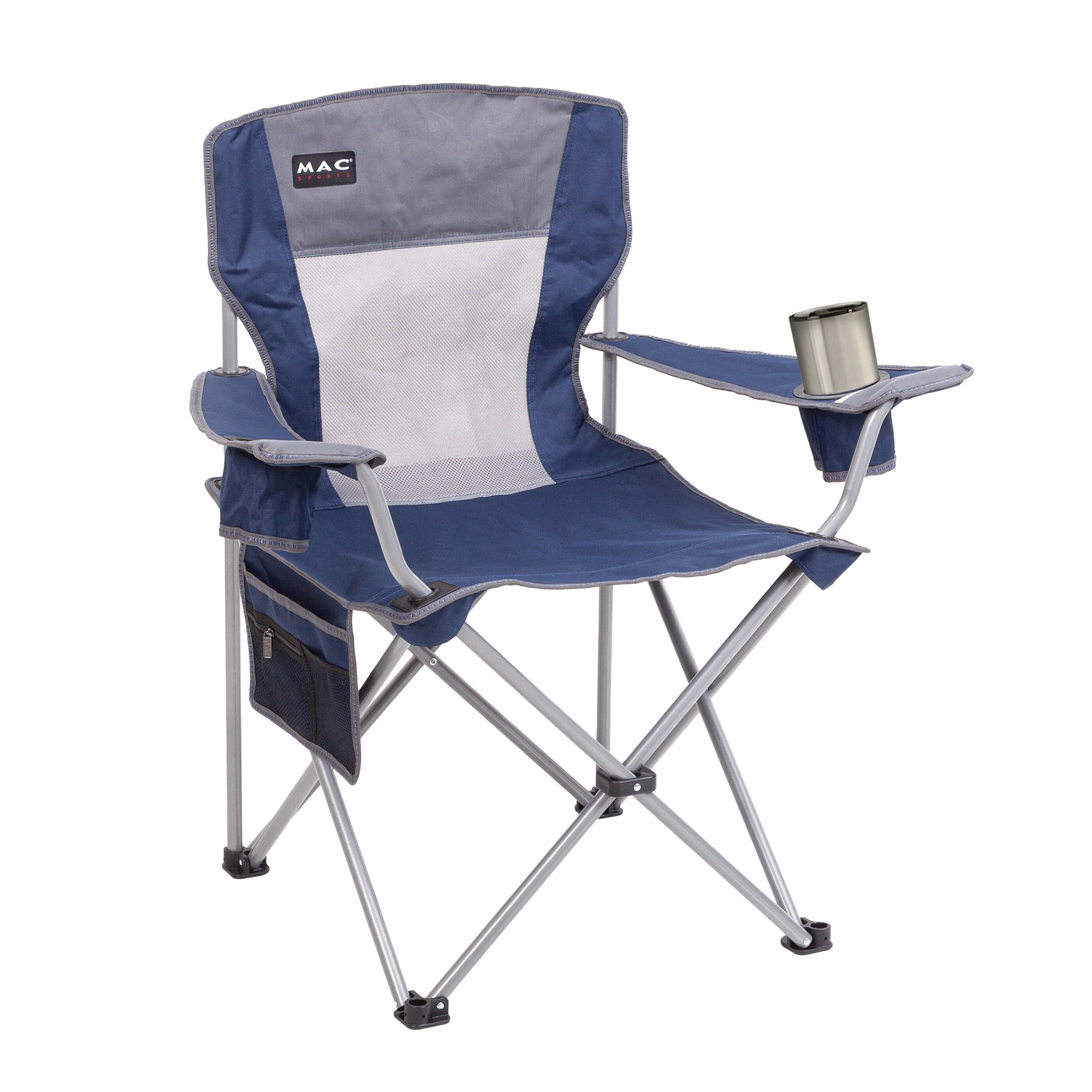 Macsports Oversized Folding Camp Chair with Cup Holders, Blue with Grey Accents and Frame