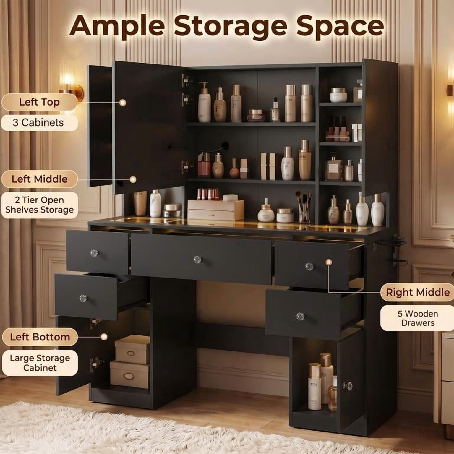 Lacoo Makeup Vanity with LED Lighted Mirror Cabinet & Charging Station, Black Vanity Set with Storage Drawers & Doors, Vanity Desk for Bedroom, Black