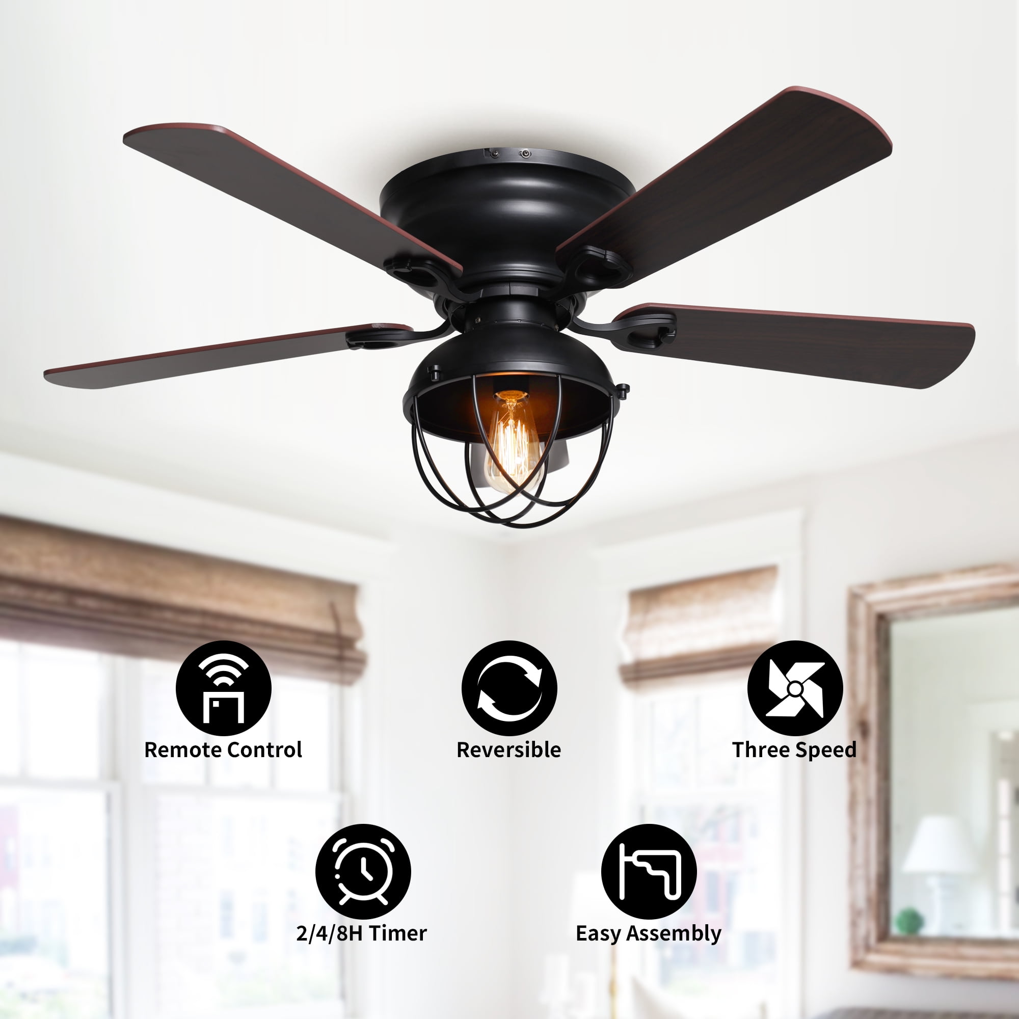 42" Modern Farmhouse Black Caged Flush Mount Ceiling Fan with Light and Remote Control
