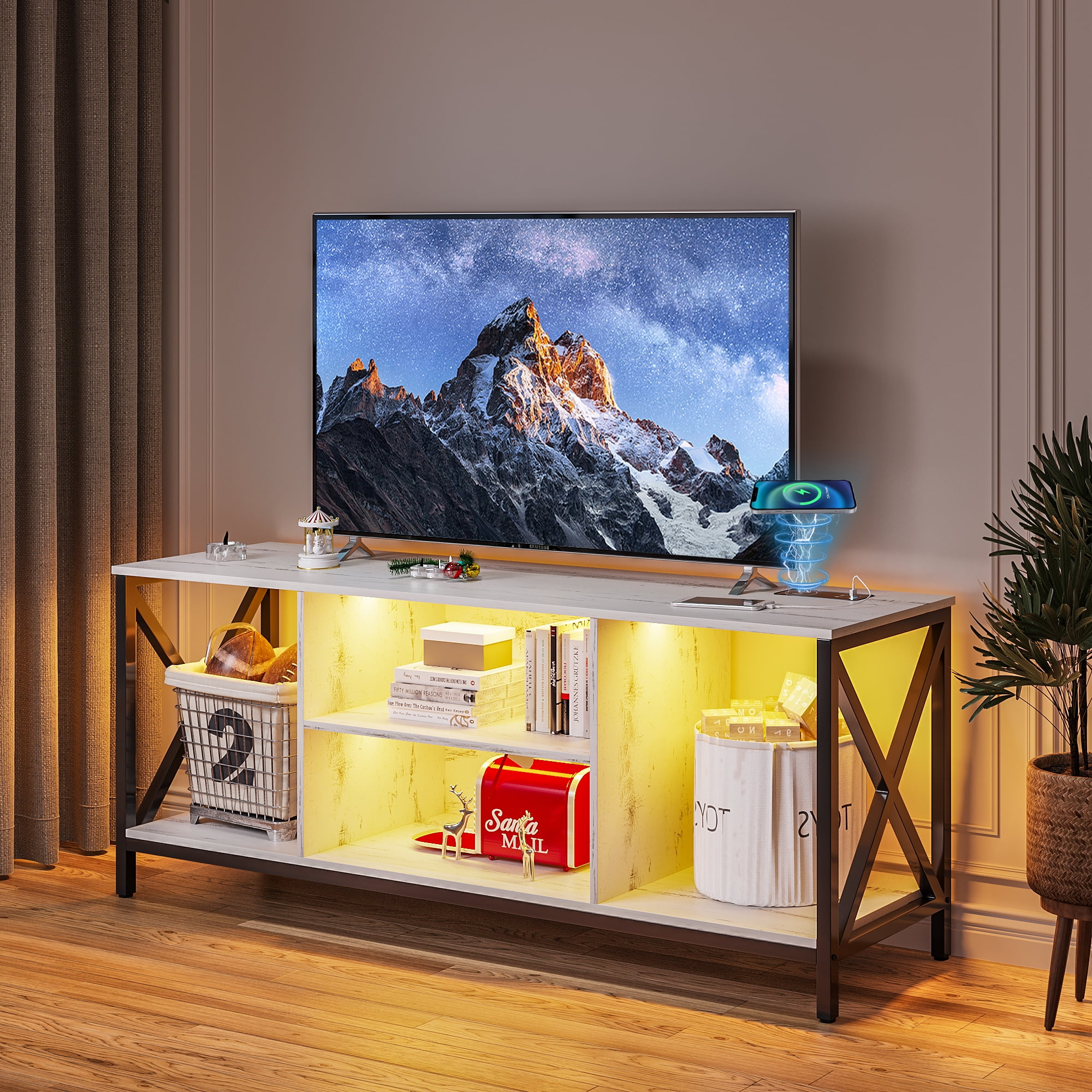 HNEBC LED TV Stand White TV Stand With USB Wireless Charging Station TV hnebc-led-tv-stand-white-tv-stand-with-usb-wireless-charging-station-tv