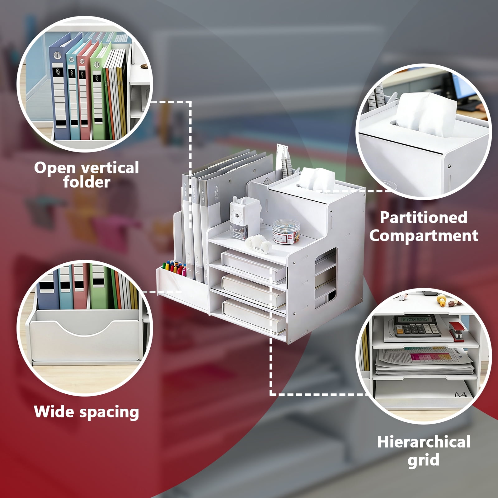 Arcticwind File Shelf,Storage Rack,Office Desktop Organizer, Multi-layer Folder Storage Box,Desktop Organization Gadget,Office Supplies Storage Rack,White, File Shelf with Tissue Box & Pen Holder