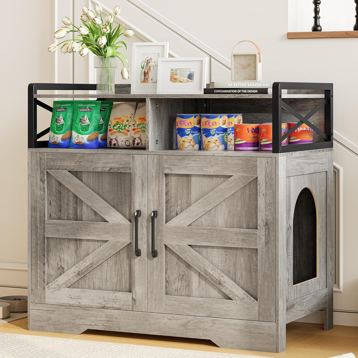 SELOOYE Cat Litter Box Enclosure, Ultra-Large Hidden Litter Box Furniture with 2 Open Drawers, Pet House, Fit Most of Litter Box, Grey