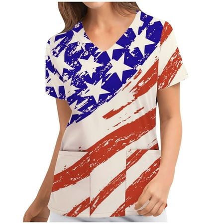 

Sksloeg Scrub Tops Women 4th Of July American Flag Print Scrub Tops V-Neck Independence Day T Shirts Workwear Nurse Uniform Tee with Pockets White S