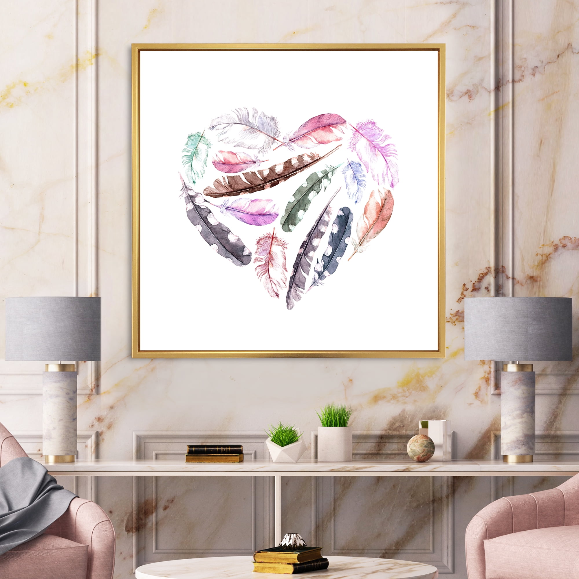 Designart 'Retro Pink Bird Feathers With Heart' Bohemian & Eclectic Framed Canvas Wall Art Print