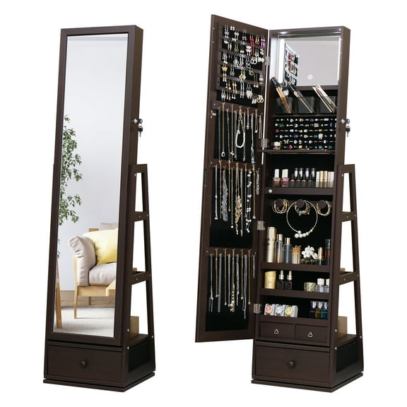 Rotatable Full Length Mirror Jewelry Cabinet Standing,360° Swivel Jewelry Cabinet with Lights, Jewelry Armoire Organizer Lockable Storage Mirror With 3 Storage Racks Brown