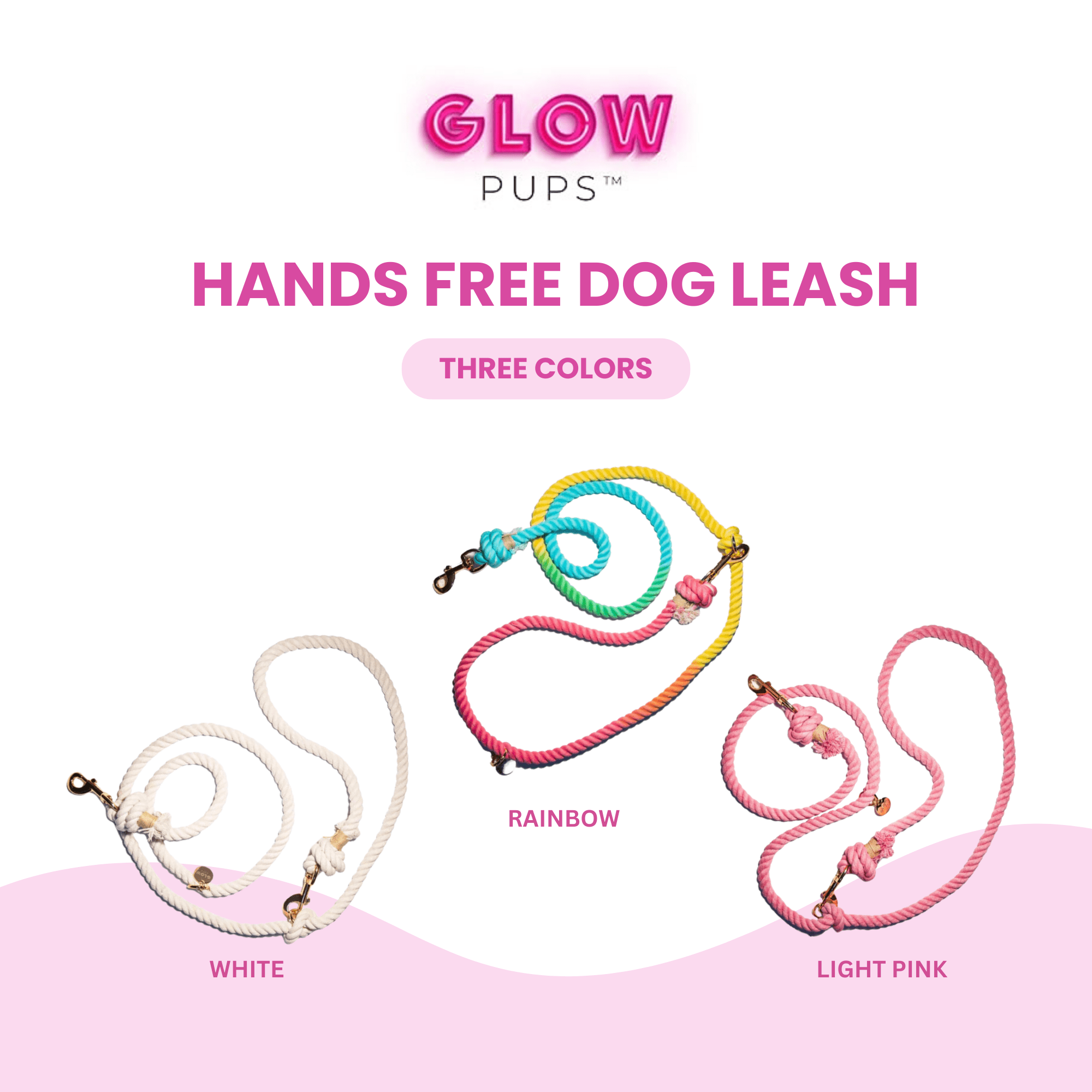 Glow Pups 7.5 Foot Cotton Rope Rainbow All Lifestages Adjustable Hands-Free Dog Standard Leash, Multicolor