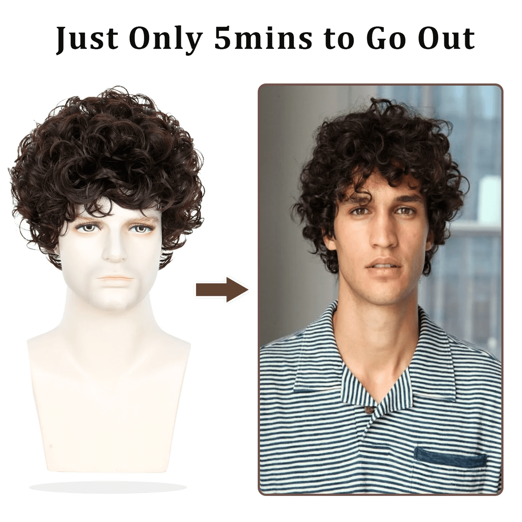 Morovan Men's black Curly Wig - Short Texture Synthetic Hair Suitable for gatherings and daily activities