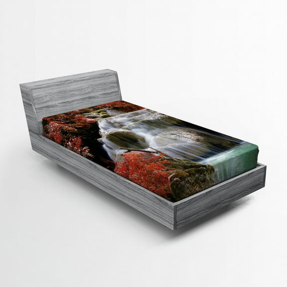 Ambesonne Landscape Fitted Sheet, Fall Trees with Rock, Twin XL Size, Red White and Pale Brown