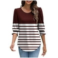 thumbnail image 2 of SOOMLON 3/4 Sleeve Shirts for Women Petite Tunic Cotton Stretchy Tops Casual Crewneck Shirts Funny Striped Print T Shirts 2025 Trendy Spring Summer Ladies Tops Loose Fit Basic Outfits Pullover Wine S, 2 of 8