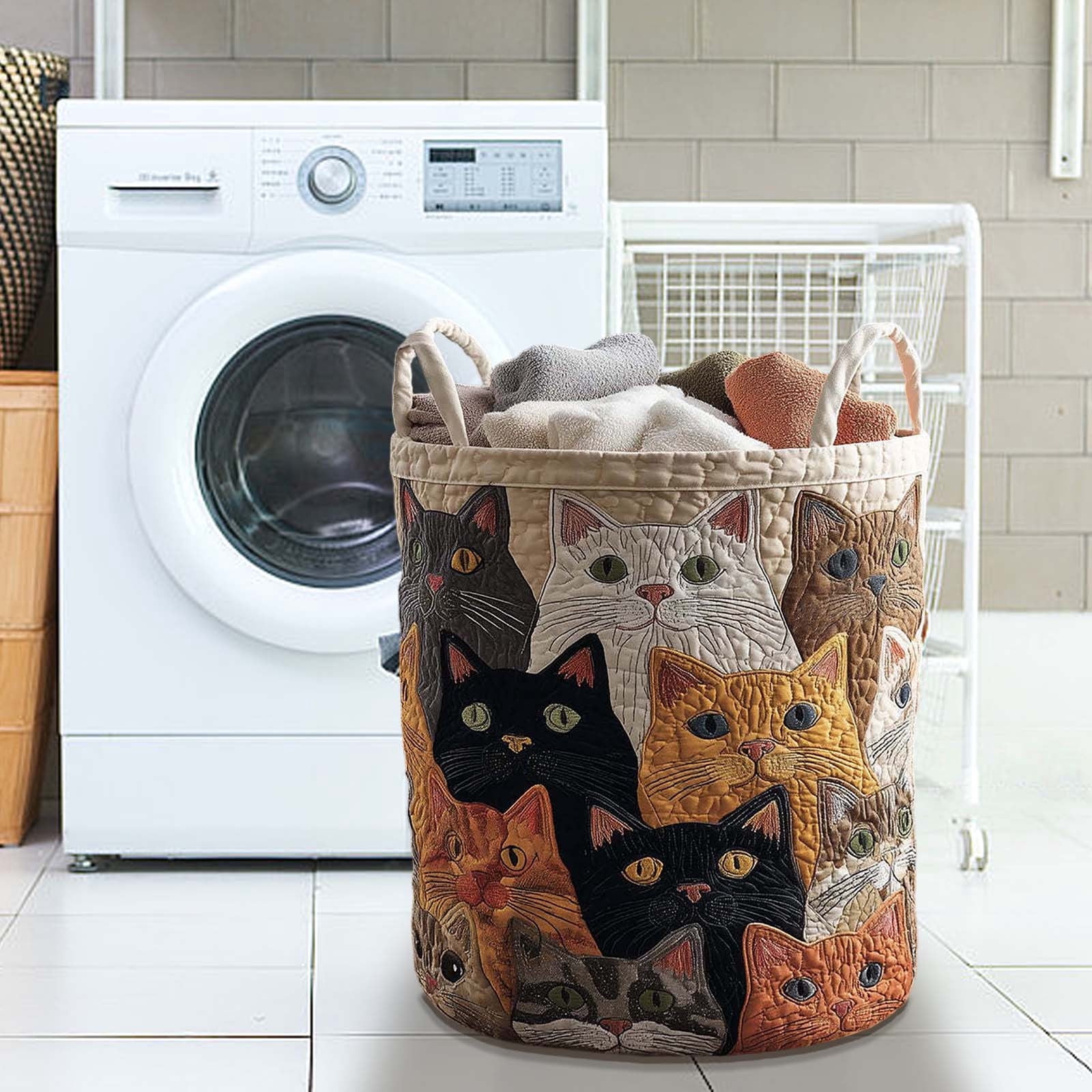 VAIFTILNO Embroidered Cute Cat Laundry Basket, 20x28in Soft Quilted Fabric Storage Bucket, Collapsible Foldable Hamper with Sturdy Handles, for Bedroom, Bathroom, Bachelor