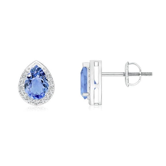 ANGARA Natural Pear-Shaped Tanzanite Stud Earrings with Diamond Halo in 14K White Gold for Women (Size-6x4mm) | December Birthstone, Anniversary, Jewelry Gift for Women | Natural Tanzanite Earrings