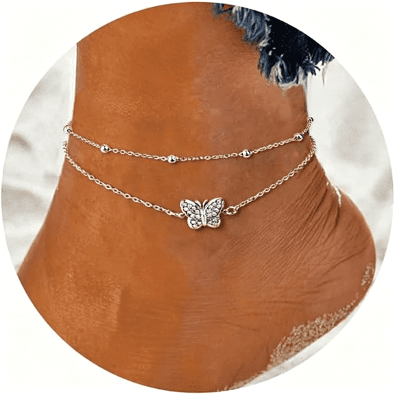 DESIGNICE Ankle Bracelets for Women Adjustable Butterfly Heart Layered Women’S Anklets Double Layer Beach Foot Jewelry Anklet Gifts