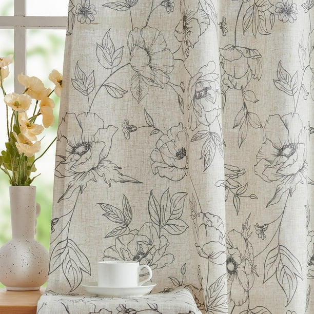 Cortinas jinchan de lino con estampado floral, longitud 214 cm, color gris, 2 paneles
