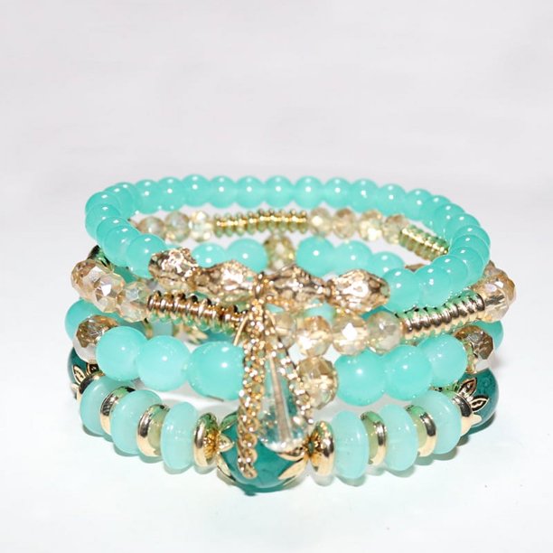 Nvzi Pulseras de cuentas apilables bohemias, brazaletes de cuentas multicapa elásticos, juego de pulseras con dijes, joyería multicolor, azul y verde