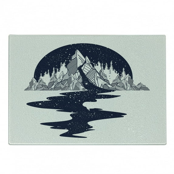 Blue and White Cutting Board, River of Stars Pouring down from a Mountain Landscape, Decorative Tempered Glass Cutting and Serving Board, Small Size, Dark Blue and White, by Ambesonne