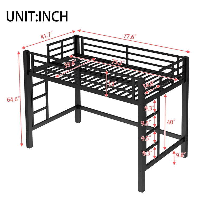 Bellemave Metal Twin Loft Bed, Heavy Duty Loft Bed Frame with 2 Build in Ladder and Full Length Guardrail, Loft Beds Twin Size with Large Under-Bed Space, Easy to Assemble-Black
