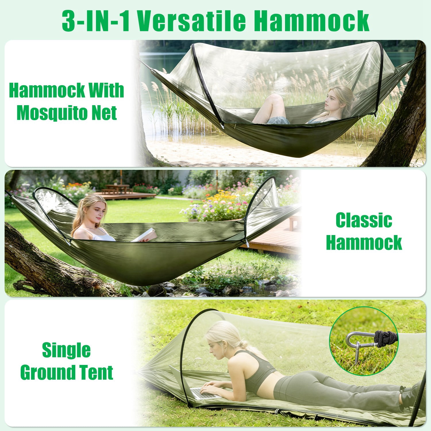 3 in 1 Camping Hammock with Automatic Pop-Up Mosquito Net, Lightweight 70D Nylon Portable Hammock Supports 440lbs, Dual Zipper Outdoor Hammock for Camping Hiking Backpacking Beach Backyard