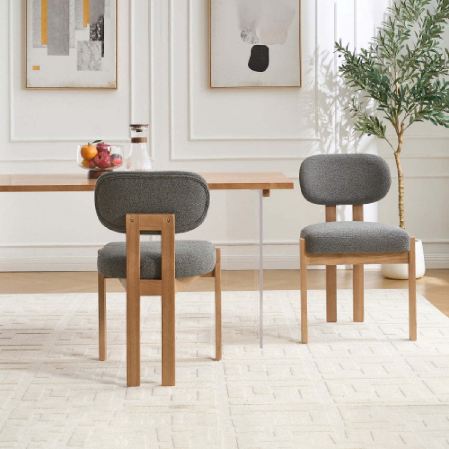 Dining Chairs Set of 2, Chenille Upholstered Wood Kitchen Chairs, 3.95" Thick Foam Cushion Wingback Dining Room Chairs, Grey