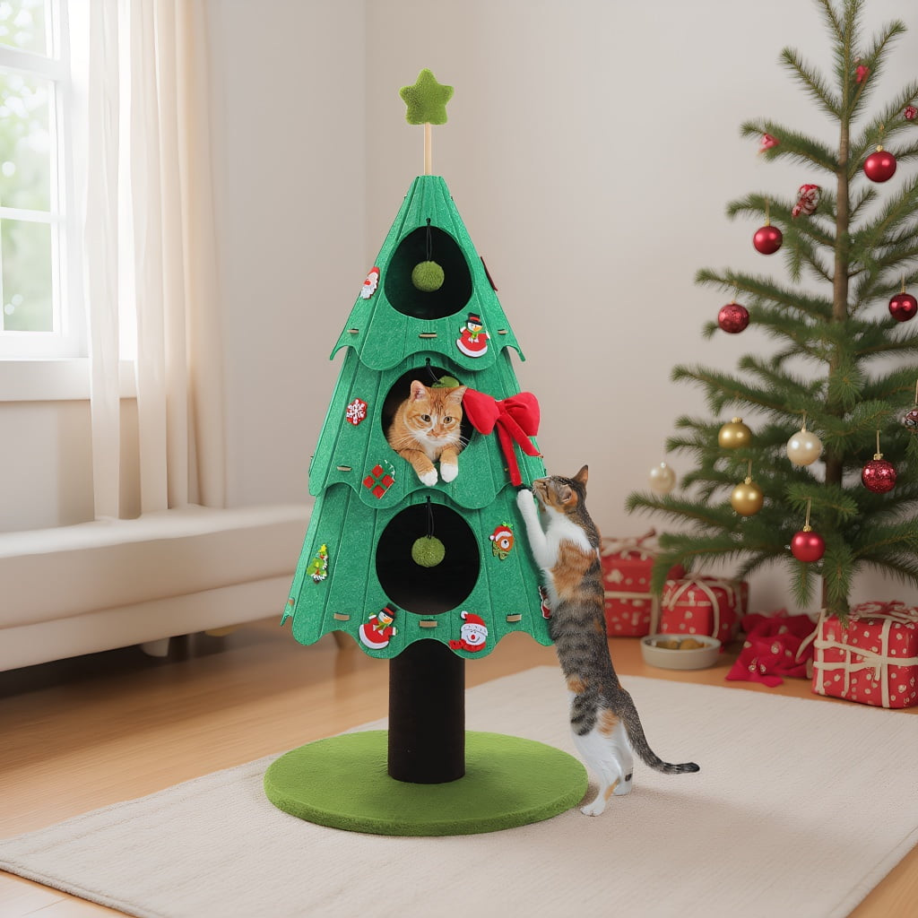 Pefilos 53" Christmas Cat Tree for Indoor Cats, Cat Tower with 3 Condos & 4 Pompoms, Holiday Felt Stickers, Activity Center & Beds, Green