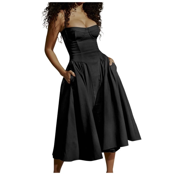Vestido sin mangas y sin espalda para mujer - Vestido largo de color liso con corte en A, poliéster, ropa de fiesta y playa