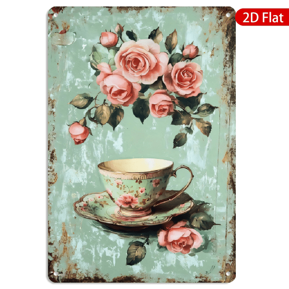 8x12 Inch Metal Wall Art, Vintage Shabby Chic Floral Teacup Roses Rustic Farmhouse Decor 1pc for Home Kitchen Living Room