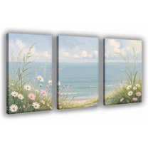 Coastal Wildflowers Set of 3 Prints Canvas Wall Art Boho Floral Painting Picture Wall Decor Abstract Nature Landscape Poster