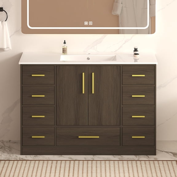 FFZ 48 inch Bathroom Vanity with 2 Soft-Close Doors and 9 Drawers, Dark Brown