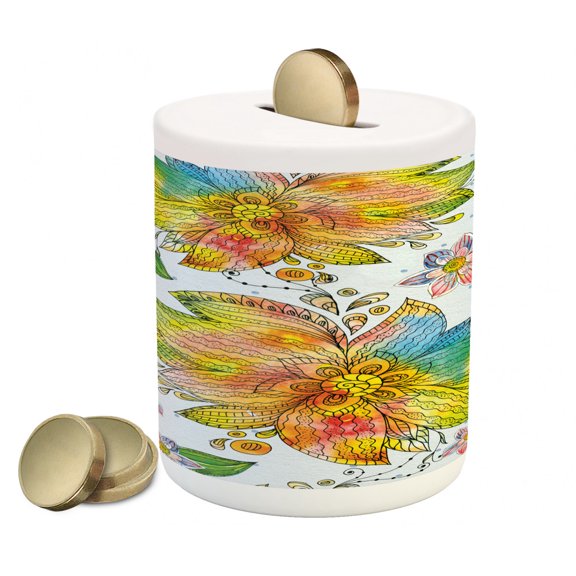 Floral Piggy Bank, Macro Flower Petals Florets Blurry Watercolor Brushstroke Effects Beauty Art Print, Ceramic Coin Bank Money Box for Cash Saving, 3.6" X 3.2", Multicolor, by Ambesonne