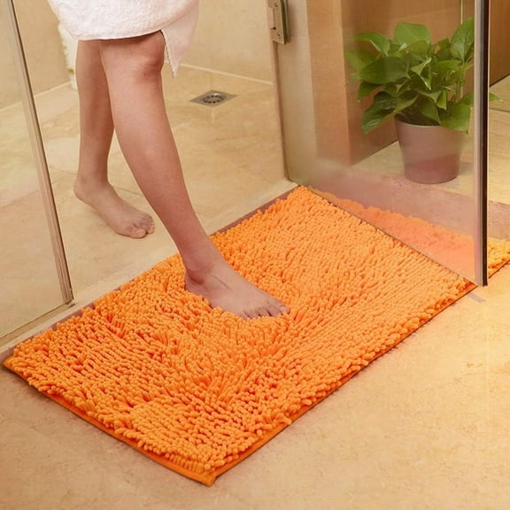 Wattne Plush Chenille Bath Rugs Extra Soft and Absorbent Microfiber Shag Rug, Non-Slip Runner Carpet for Tub Bathroom Shower Mat Orange 16" X 24"