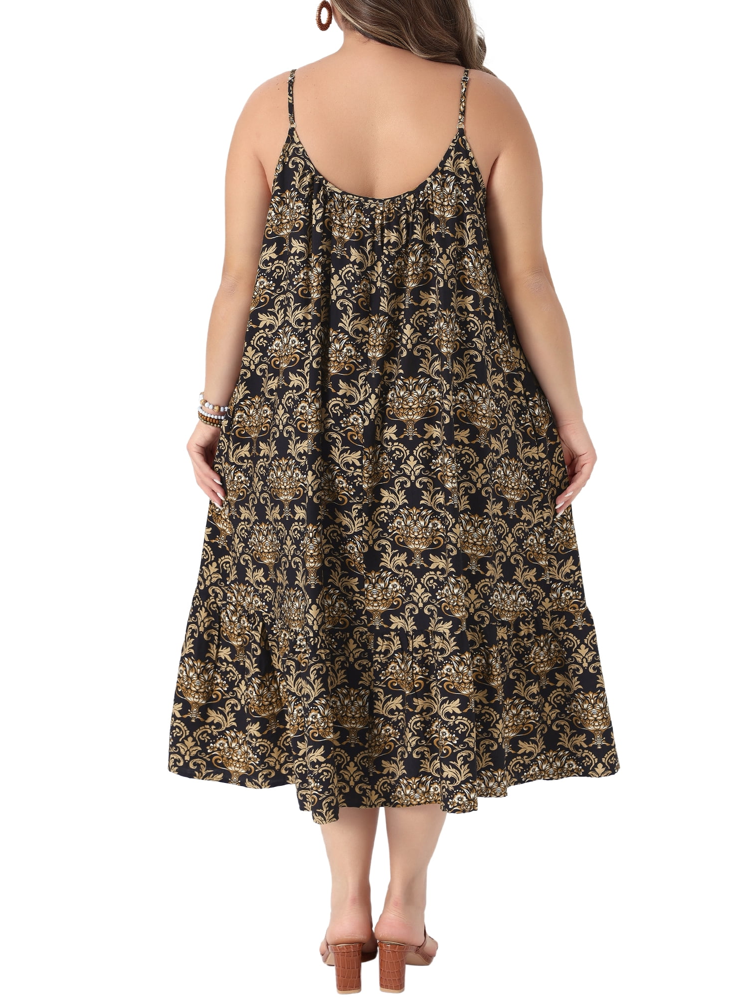 DARING DIVA Women's Plus Summer Spaghetti Strap Boho Print Midi Dress 2X Black