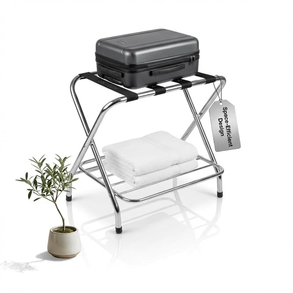 USTech Double-Tier Luggage Rack for Guest Room – Chrome Foldable Suitcase Stand with Straps, Easy Self-Assembly, Heavy-Duty Metal Frame for Bedroom, Hotel & Closet Storage