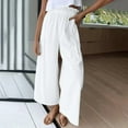 thumbnail image 3 of Wide Leg Pants for Women Elastic High Waist Solid Cotton Linen Pants Casual Baggy Comfy Summer Lounge Trousers White, 3 of 5