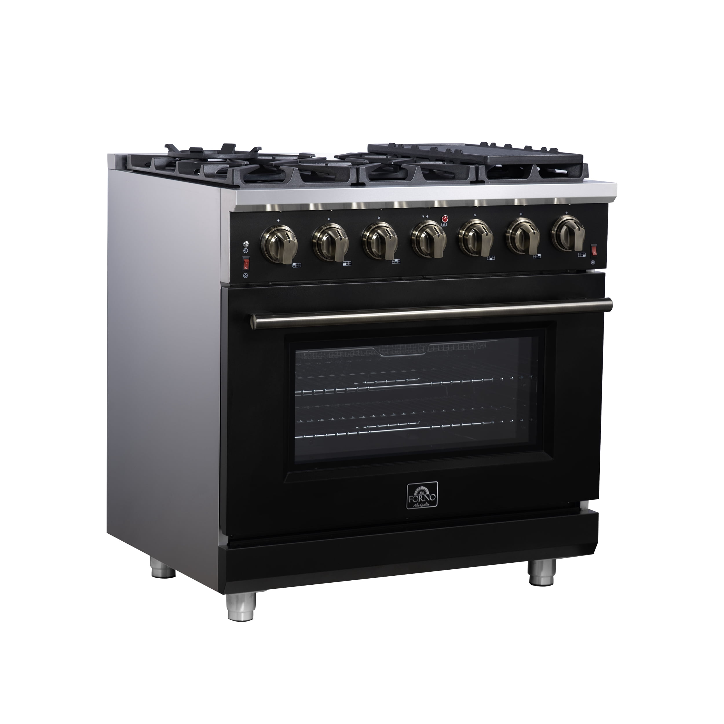 Forno Massimo 36-Inch Black Freestanding Gas Range, 6 Sealed Burners, Convection Oven