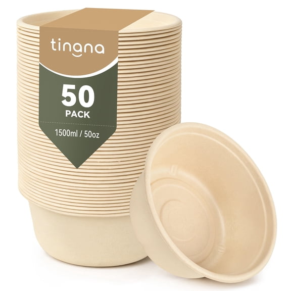 TINANA 50 oz Compostable Paper Bowls, 50-Pack Heavy-Duty Disposable Sugarcane Bowls, Microwave and Freezer Safe