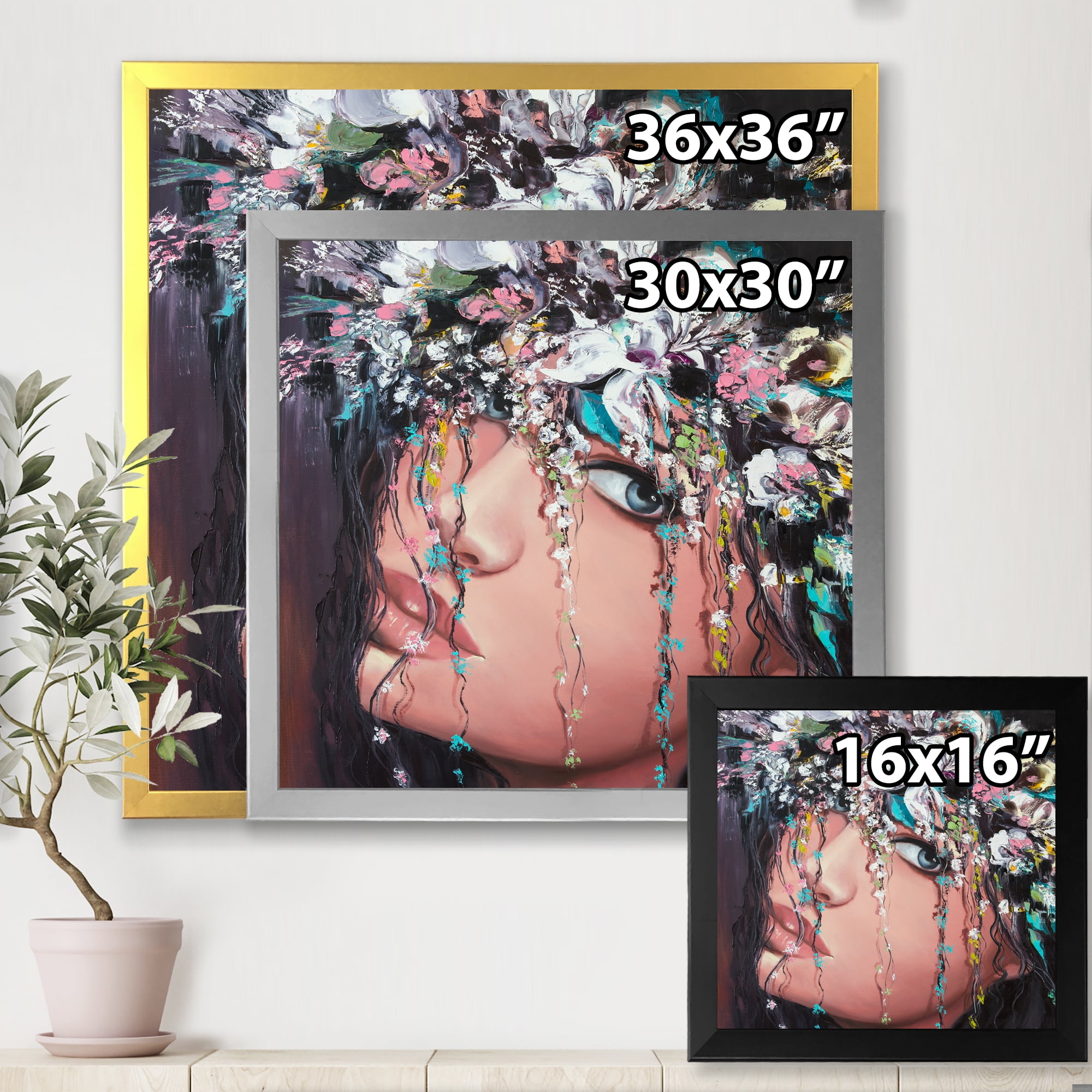 Designart 'Portrait Of A Young Woman With Flowers II' Modern Framed Art Print