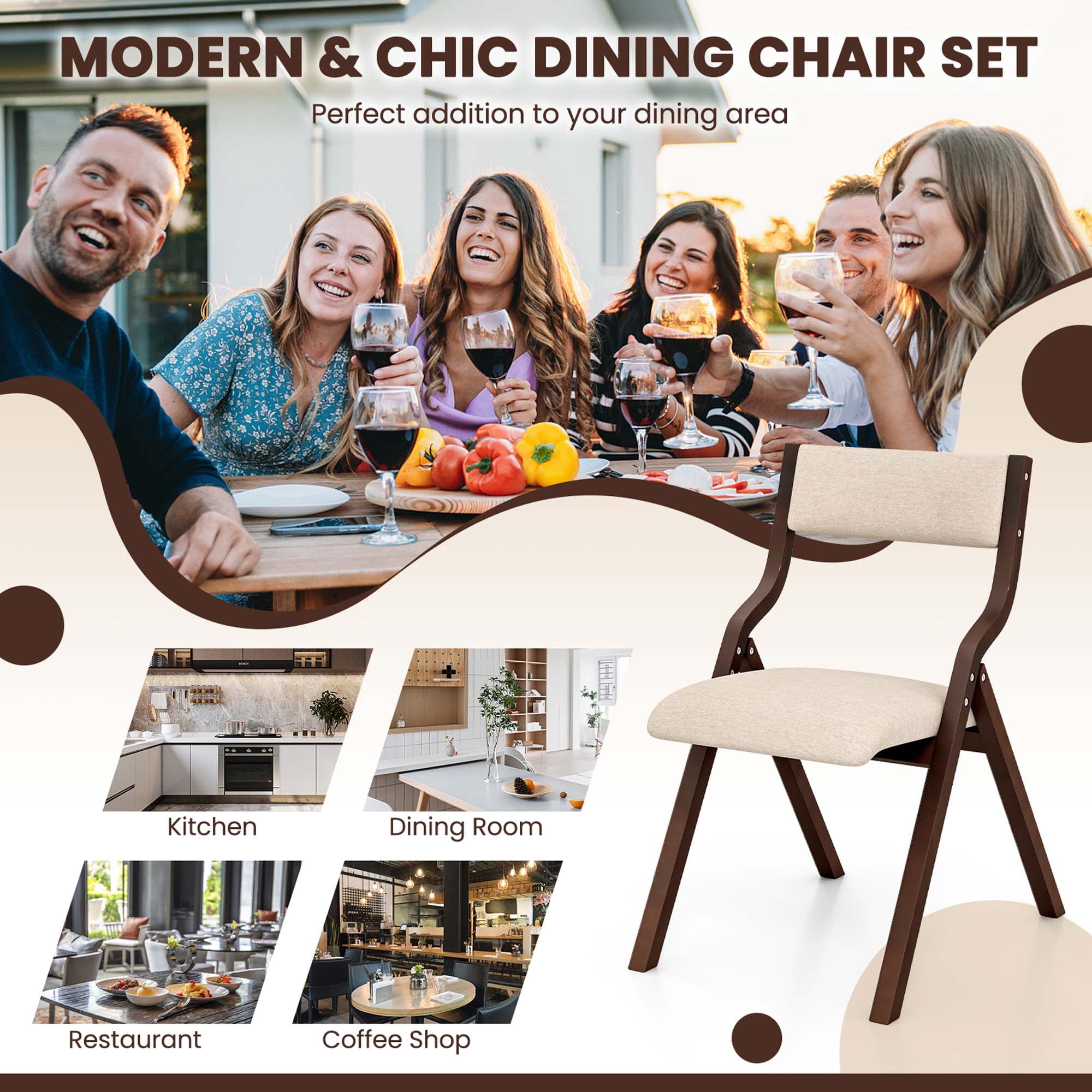 Costway Folding Dining Chair Set of 2 Wooden Upholstered Modern Linen Fabric Padded Seat