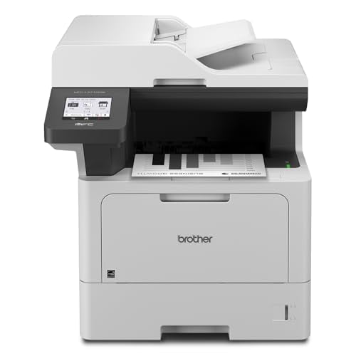 impresora multifunción láser monocromática empresarial brother mfc-l5710dw con conexión inalámbrica, impresión, escaneo y copia a doble cara y compatible con alexa. Vista frontal 3/4 en negro y gris, bandeja de salida con hoja impresa, pantalla táctil de 3.5" visible, alimentador automático de 50 hojas en la parte superior y bandeja frontal; adecuada para oficinas y grupos de trabajo que requieren escaneo dúplex y conectividad móvil.