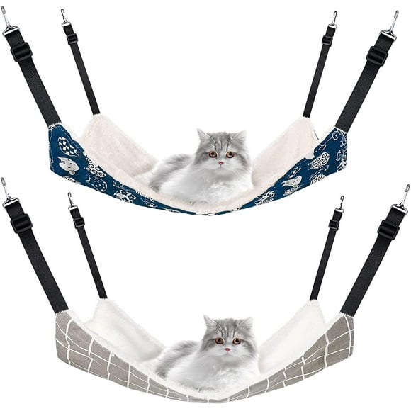 2 Pieces Reversible Cat Hanging Hammock Soft Breathable Pet Cage Hammock with Adjustable Straps and Metal Hooks Double-Sided Hanging Bed for Cats Small Dogs Rabbits (Cat and Plaid, M)