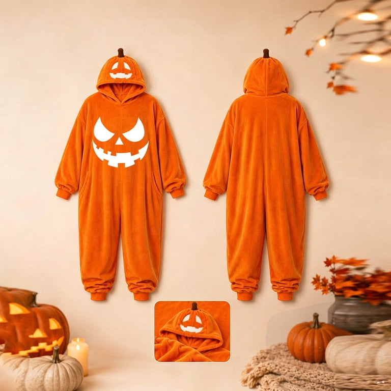 Women Adult Halloween Jack O Lantern Flannel Onesie, Zip Up