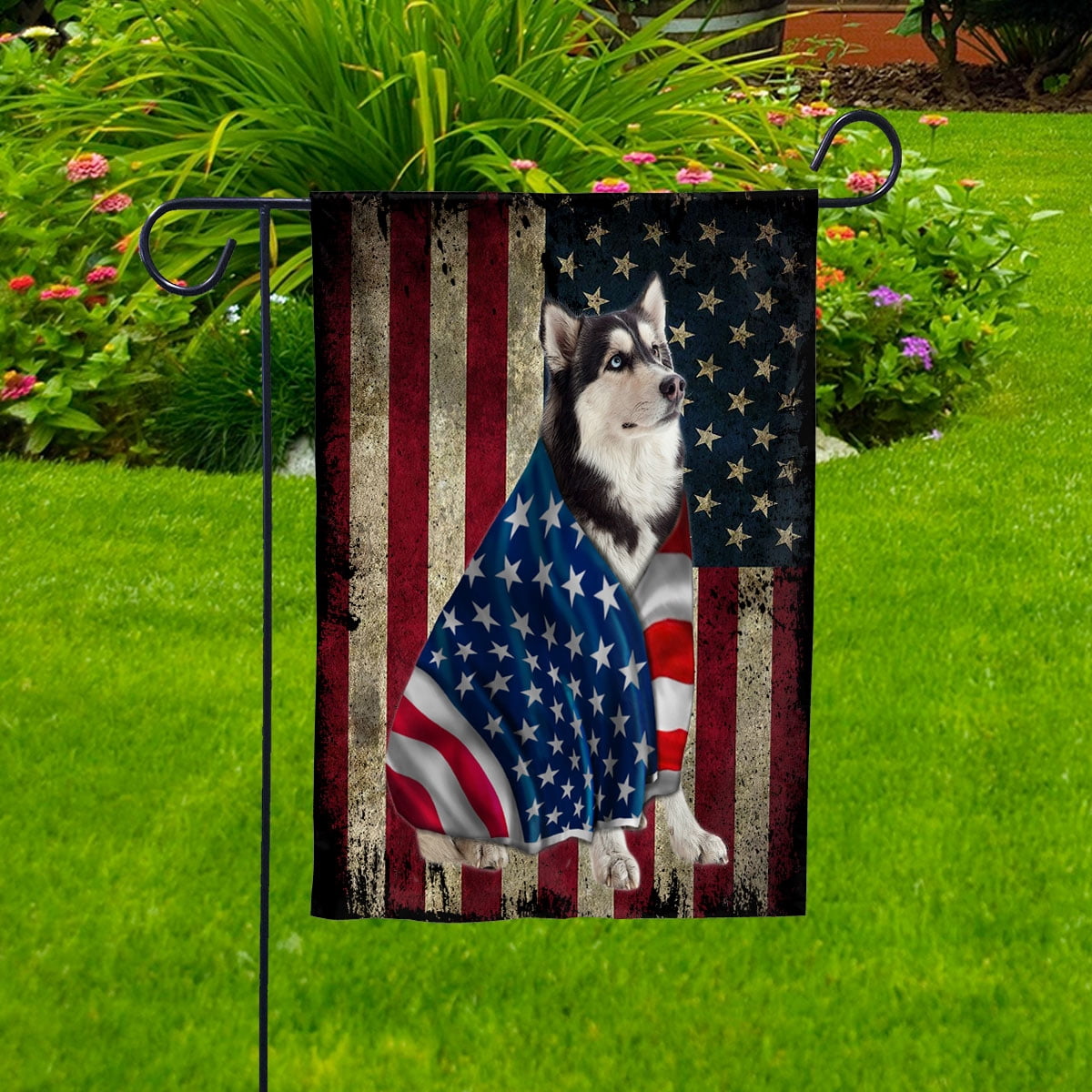 American Flag with Husky Dog stand under the cross Patriot Patriotic 4th of july Garden Flag, Double-Sided Decorative Outdoor Flag, Polyester Yard Flag 12 x 18 in