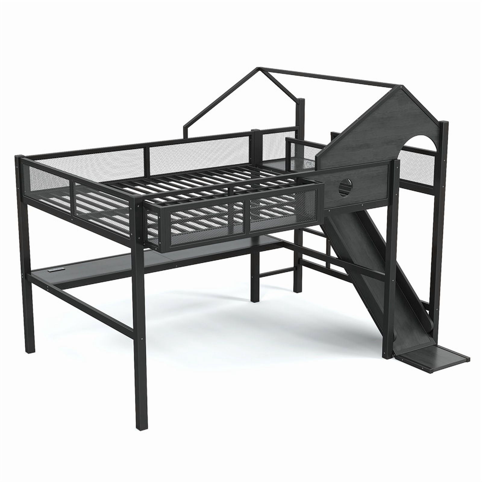 Queen Size House Shaped Kids Loft Bed with Slide, Teens Metal Bed Frame with LED Lights, Desk, Power Outlet & Storage Shelf