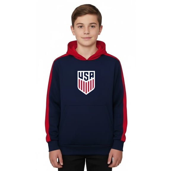 Icon Sports Officially Licensed U.S. Soccer Team Youth Side Step Pullover Hoodie | Navy/Red, Large