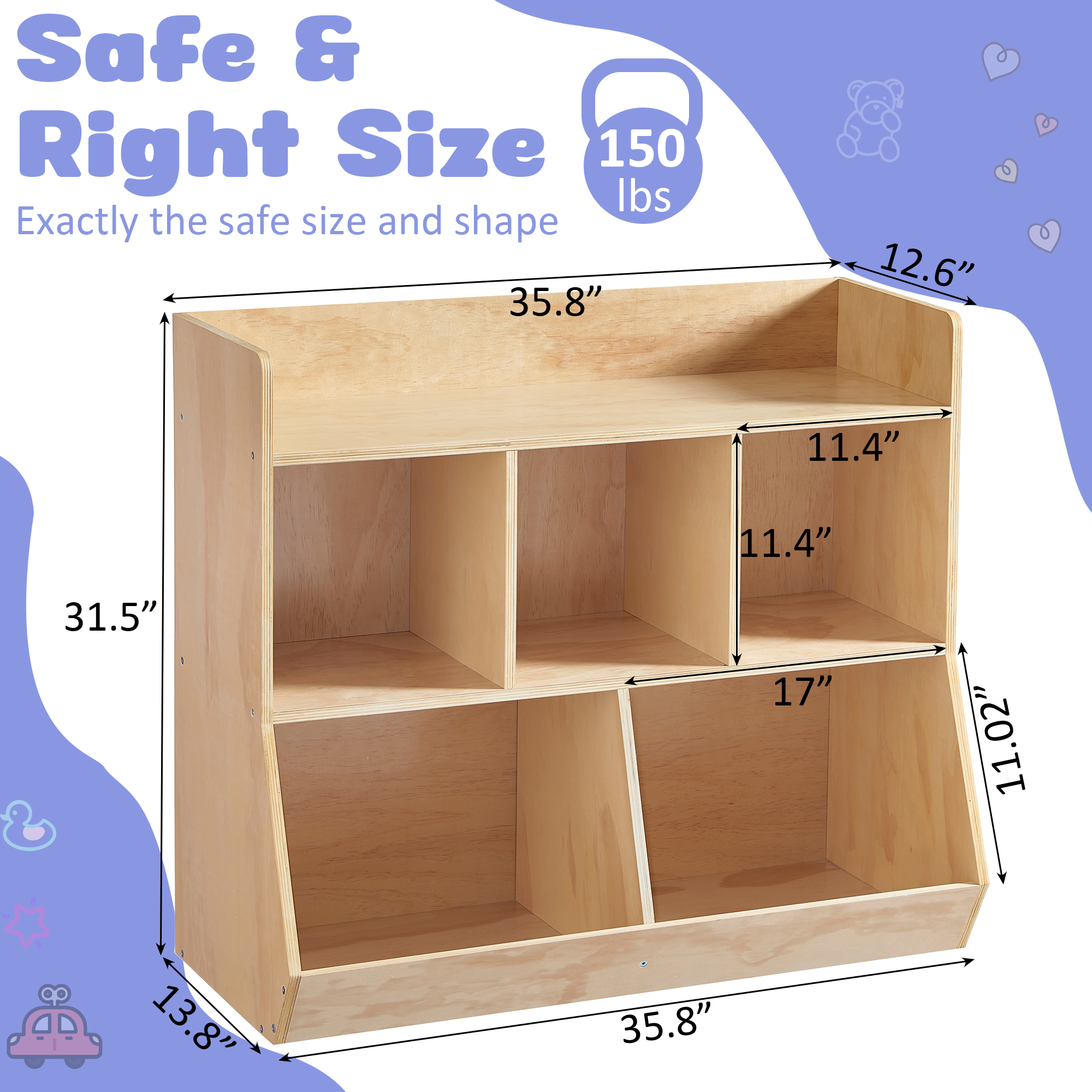 Montessori Storage Cabinet, Wooden Toy & Book Organizer with Tilted Open Cubby Shelf, 150LBS Heavy Duty Plywood, Toddler Bookshelf for Playroom, Nursery, Kids Rooms