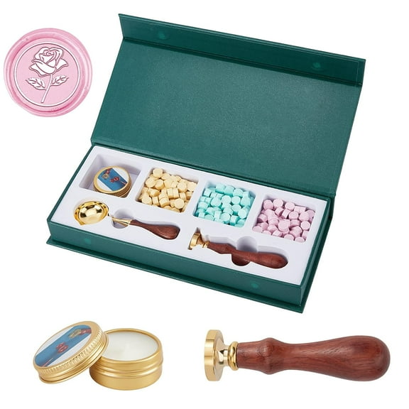 Wax Seal Stamp Kit Rose Flower Sealing Wax Stamp Gift Set 180pcs 3 Colors Green Sealing Wax Beads with Wax Spoon and Scented Candle Retro Wax Bead Melting Craft Kit for Envelope Invitation diy