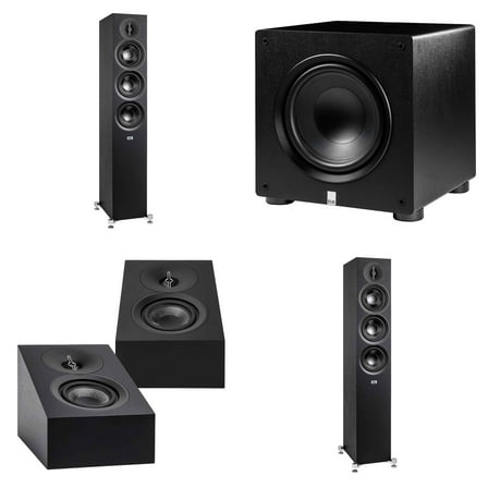 Elac DF53-BK - Debut 3.0 5.25" Floor Speaker - Black (Pair), ELAC DA43-BK Debut 3.0 - DA43-BK Atmos / On Wall speaker, and Elac PS350 Subwoofer