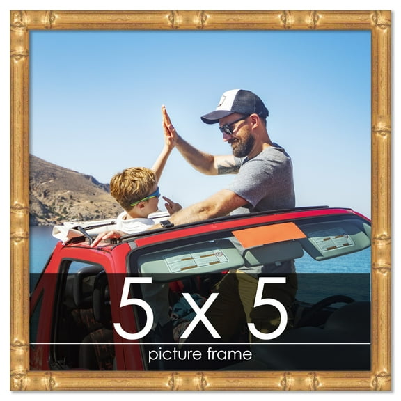 5x5 Gold Thin Bamboo Picture Frame - UV Acrylic, Foam Board Backing, Hanging Hardware