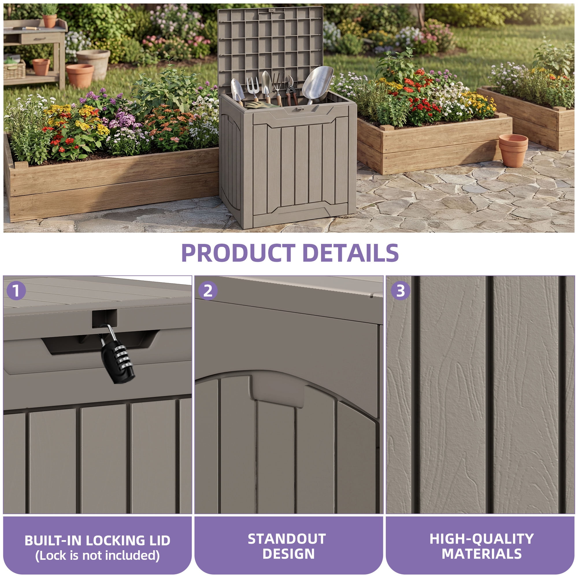 Uforic 31 Gallon Resin Outdoor Deck Box, Waterproof Lockable Storage Box, Multi-Purpose Organizer for Patio Garden Tools Pool Supplies & Package Delivery, Light Brown