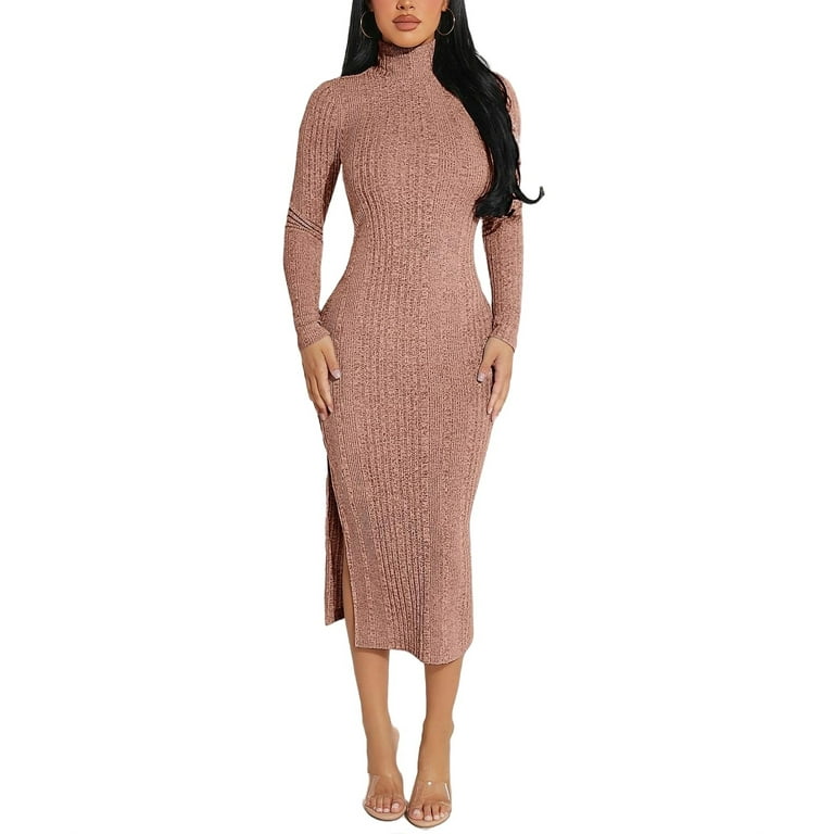 Elegant Solid High Neck Bodycon Dress Long Sleeve Dusty Pink