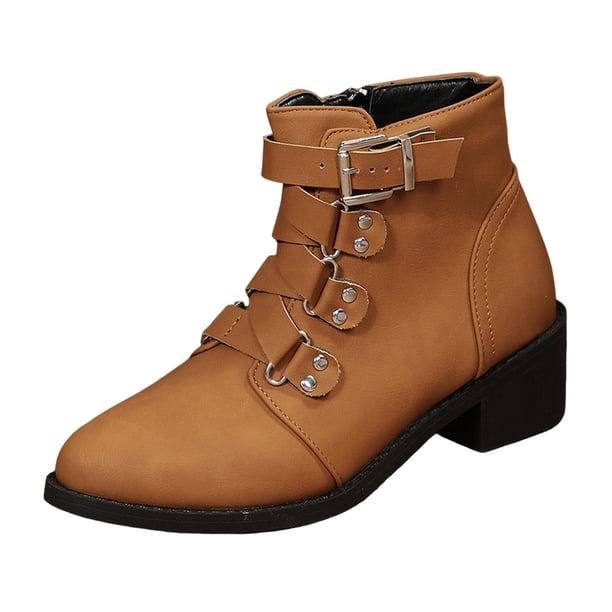 NECHOLOGY Botas Mujer Adulto Femenino Zapatos Botines de mujer Botas de tacón grueso con cremallera decorativa y hebilla de cinturón de cuero sólido Retro a la moda para mujer (Brown, 7)
